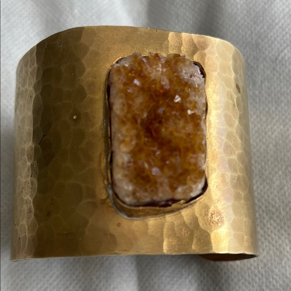 Gold Hammered Cuff Bracelet with Amber Stone
